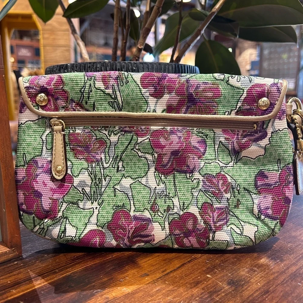 VTG Coach Ashley Iris FLORAL CANVAS WRISTLET BAG PURSE Gold Leather PINK GREEN